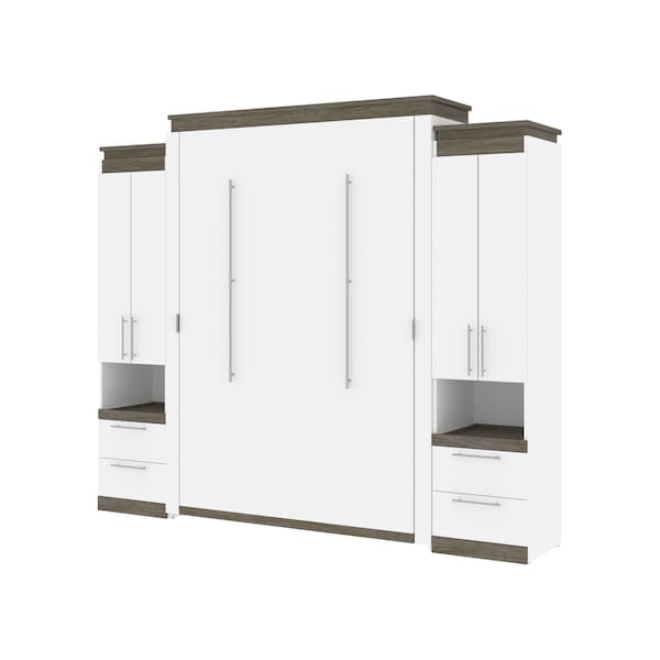 Orion 104W Queen Murphy Bed and 2 Storage Cabinets with Pull-Out Shelves (105W), White & Walnut Grey